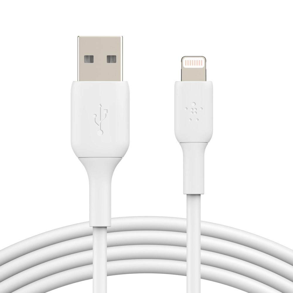 Belkin BoostCharge Lightning to USB-A Cable (1m/3.3ft) - White (CAA001bt1MWH),12W, 480Mbps, 8,000+ bends tested, Reinforced cable construction, 2YR. Belkin BoostCharge Lightning to USB-A Cable (1m/3.3ft) - White (CAA001bt1MWH),12W, 480Mbps, 8,000+ bends tested, Reinforced cable construction, 2YR.